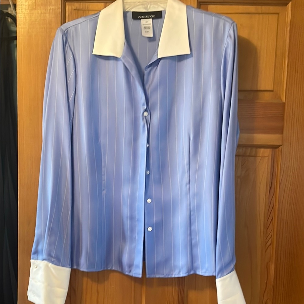 Blue Striped Button-Up Shirt with White Collar